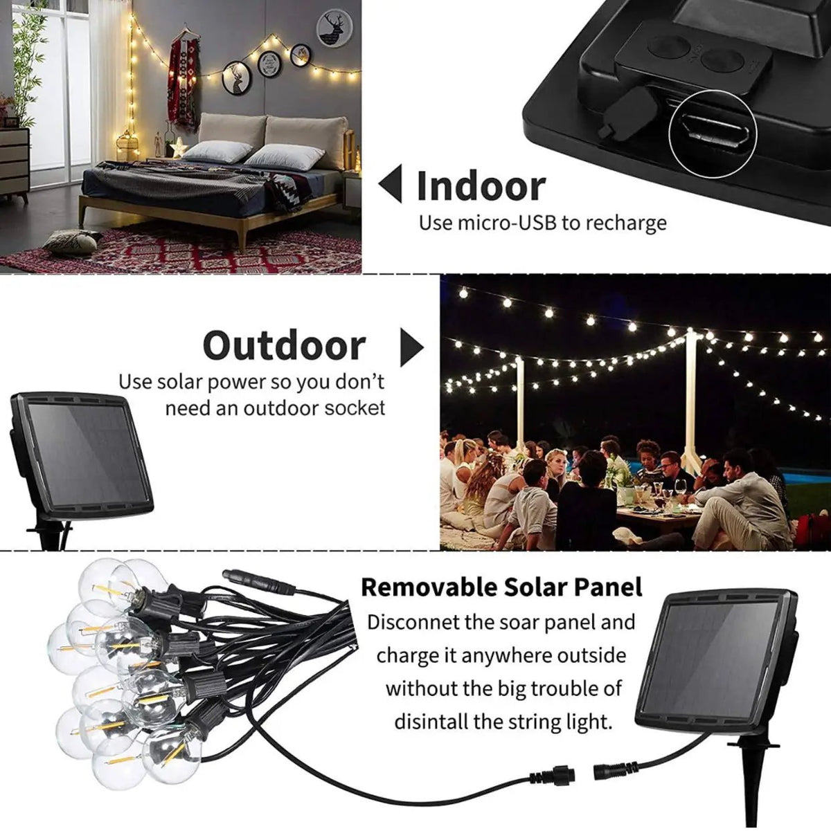 27 Ft Pro - Globe Solar LED Outdoor String Lights – Waterproof, G40 Retro Edison Filament Bulbs -Warm White by Outdoor Solar Outlet