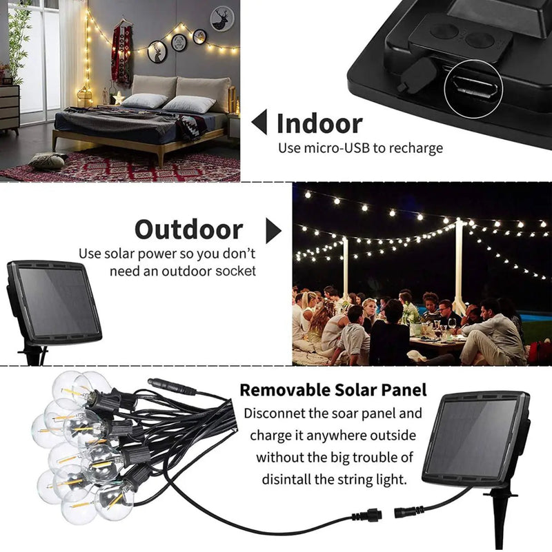 27 Ft Pro - Globe Solar LED Outdoor String Lights – Waterproof, G40 Retro Edison Filament Bulbs -Warm White by Outdoor Solar Outlet