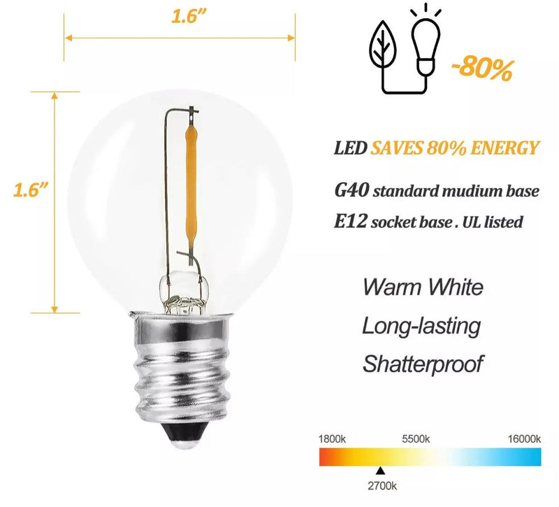 27 Ft Pro - Globe Solar LED Outdoor String Lights – Waterproof, G40 Retro Edison Filament Bulbs -Warm White by Outdoor Solar Outlet