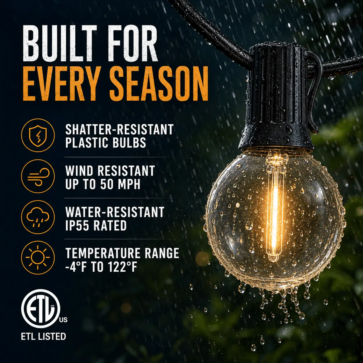 27 Ft Pro - Globe Solar LED Outdoor String Lights – Waterproof, G40 Retro Edison Filament Bulbs -Warm White by Outdoor Solar Outlet
