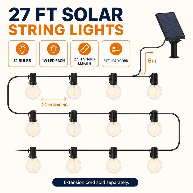 27 Ft Pro - Globe Solar LED Outdoor String Lights – Waterproof, G40 Retro Edison Filament Bulbs -Warm White by Outdoor Solar Outlet