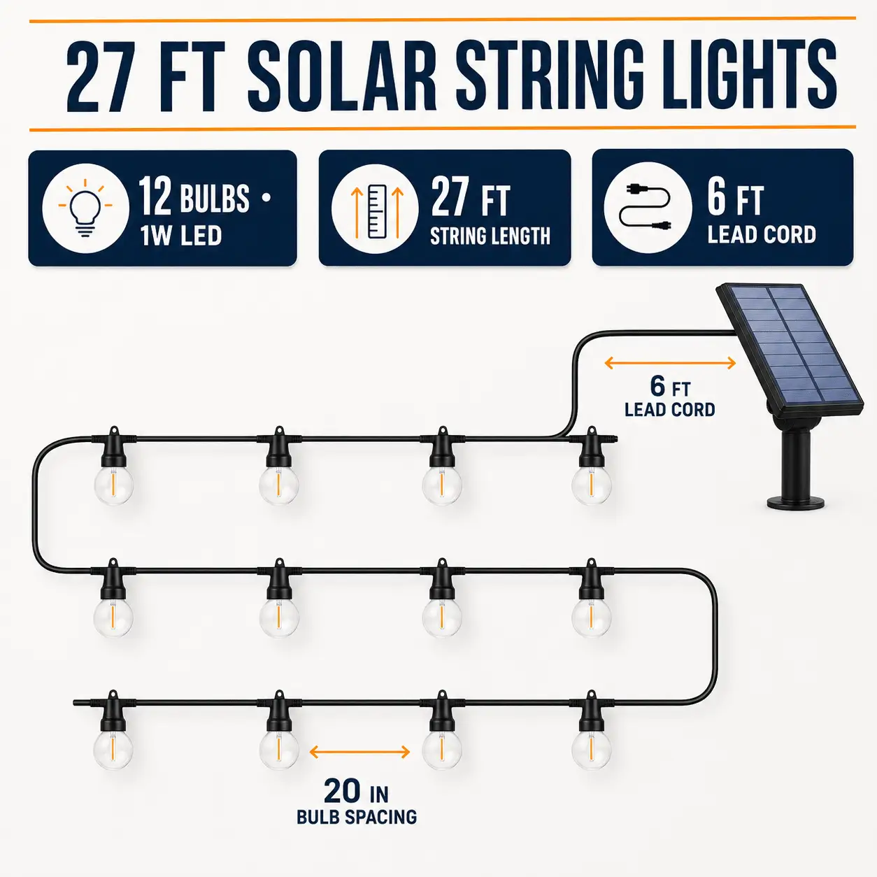 27 Ft Solar LED Outdoor String Lights – 1W Retro Edison Globe Bulbs Waterproof - 27 Ft Bistro Lights by Outdoor Solar Outlet