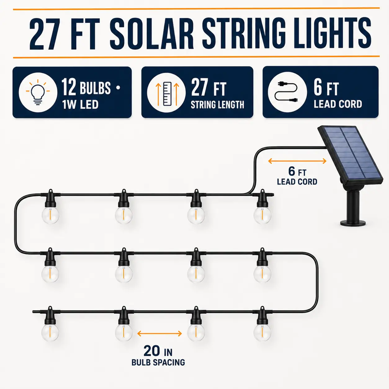 27 Ft Solar LED Outdoor String Lights – 1W Retro Edison Globe Bulbs Waterproof - 27 Ft Bistro Lights by Outdoor Solar Outlet