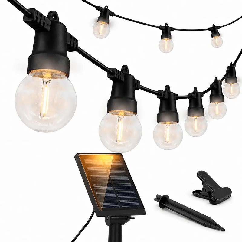27 Ft Solar LED Outdoor String Lights – 1W Retro Edison Globe Bulbs Waterproof - 27 Ft Bistro Lights by Outdoor Solar Outlet