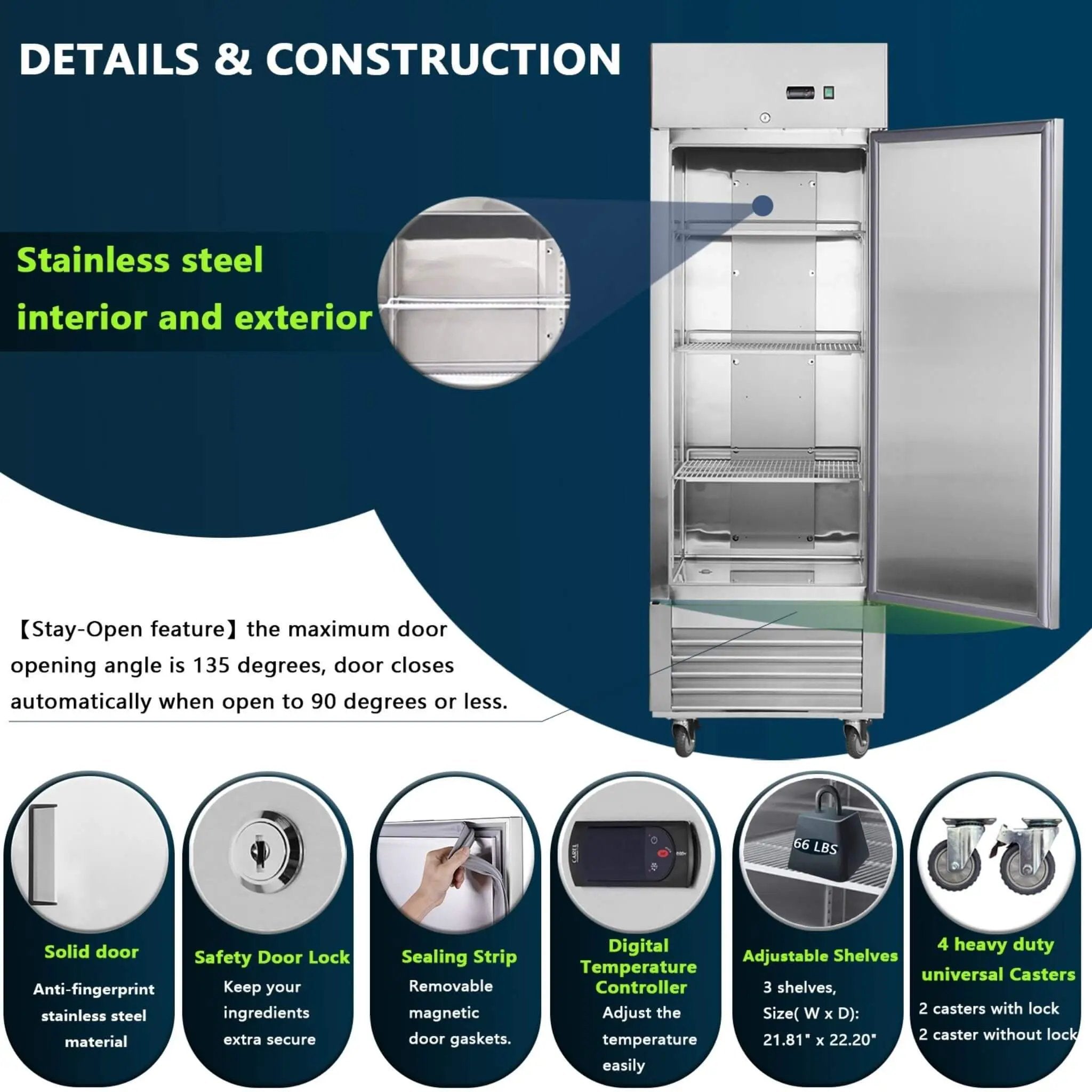 Heavy-Duty 27-Inch 8.7 Cu.Ft Commercial Upright Stainless Steel Reach-In Freezer (SAK43815) by SAKSBY WHOLESALE