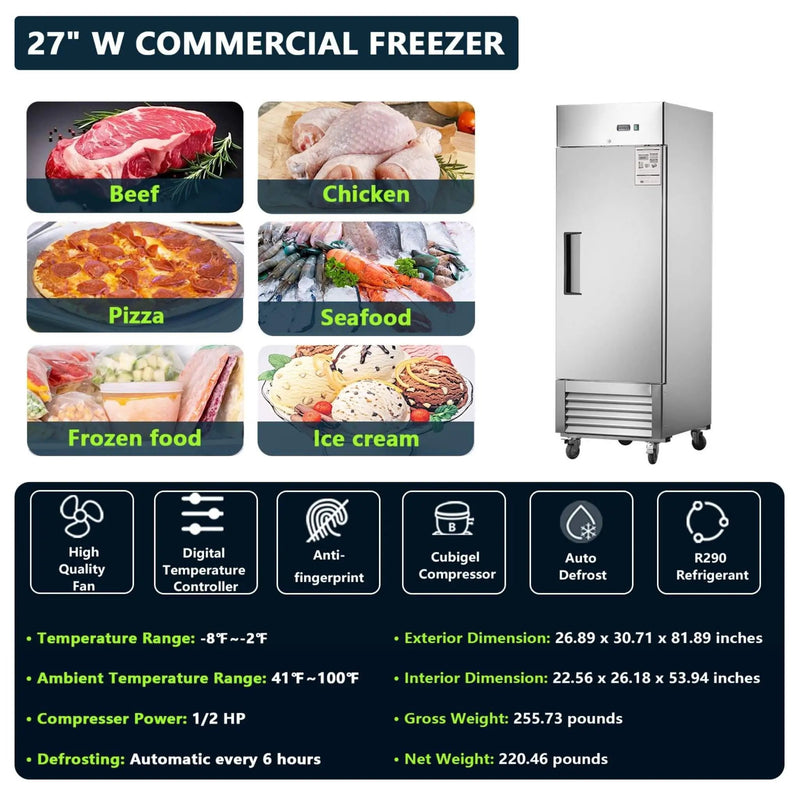 Heavy-Duty 27-Inch 8.7 Cu.Ft Commercial Upright Stainless Steel Reach-In Freezer (SAK43815) by SAKSBY WHOLESALE