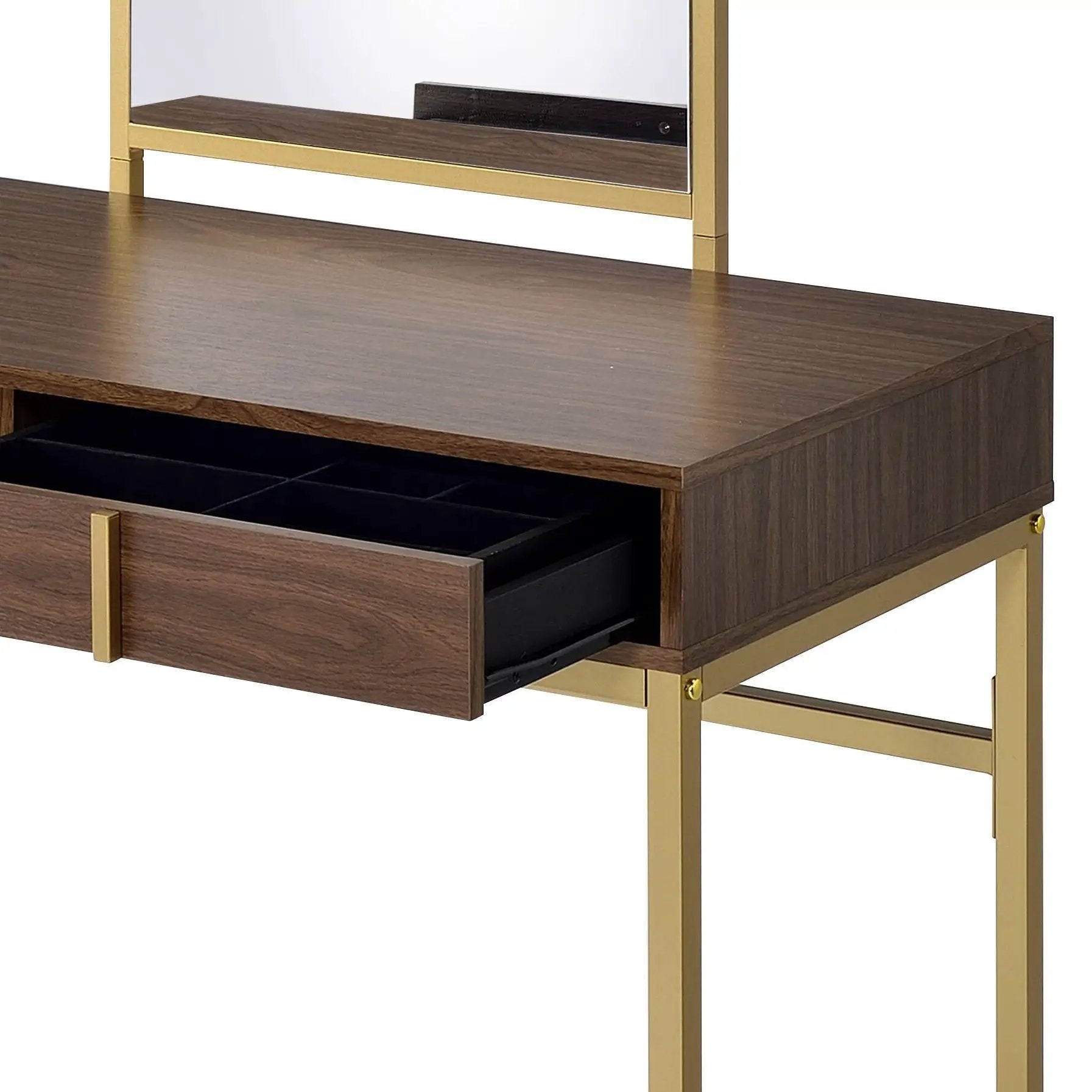 Coleen Walnut & Gold Finish Vanity Desk with Mirror & Jewelry Tray by HouseOfZazla