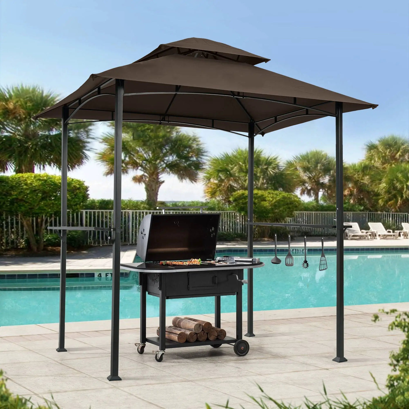 Outdoor Grill Gazebo With Double Tier Soft Top Canopy, Steel Frame, Bar Counters & Hook by HouseOfZazla