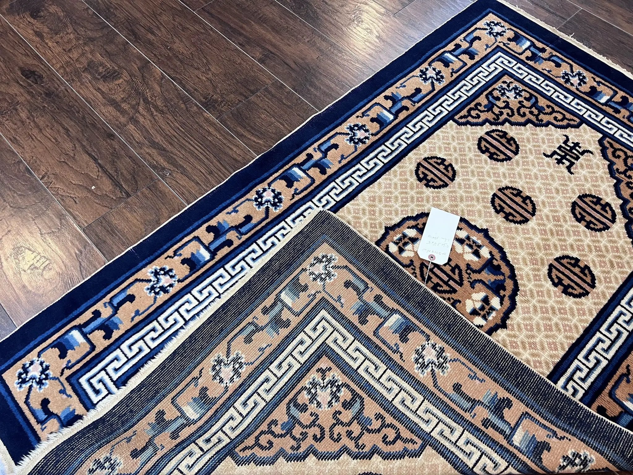 Chinese Peking Rug 3x5, Antique Chinese Art Deco Carpet, Blue Ivory Tan, Hand Knotted Wool Asian Oriental Rug 3 x 5 Vintage Small Peking Rug by Jewel Rugs
