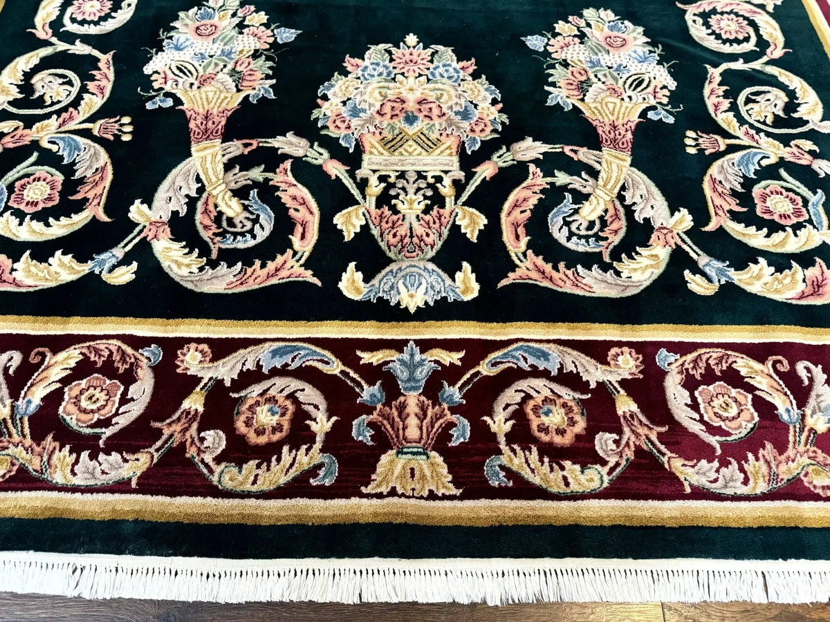 Aubusson Rug 9x12, Dark Green, European Design, Vintage Fine Handmade Carpet, Elegant by Jewel Rugs