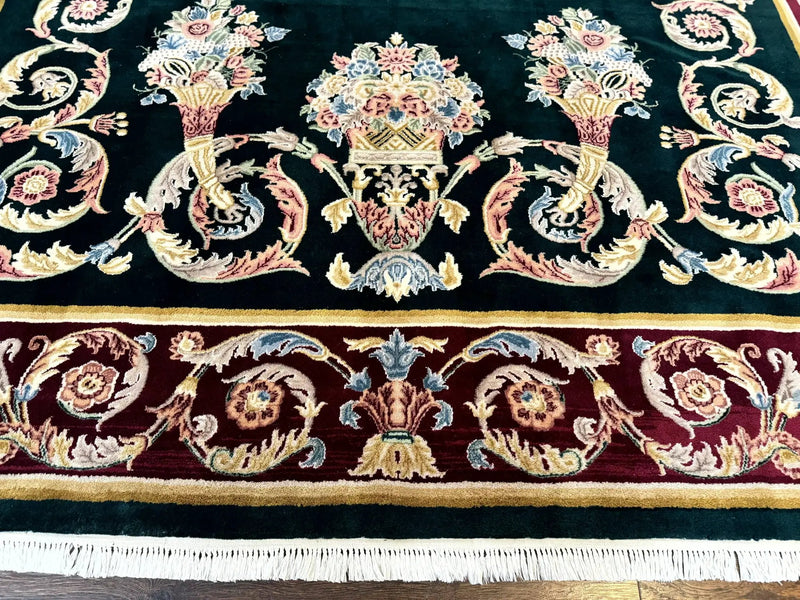 Aubusson Rug 9x12, Dark Green, European Design, Vintage Fine Handmade Carpet, Elegant by Jewel Rugs