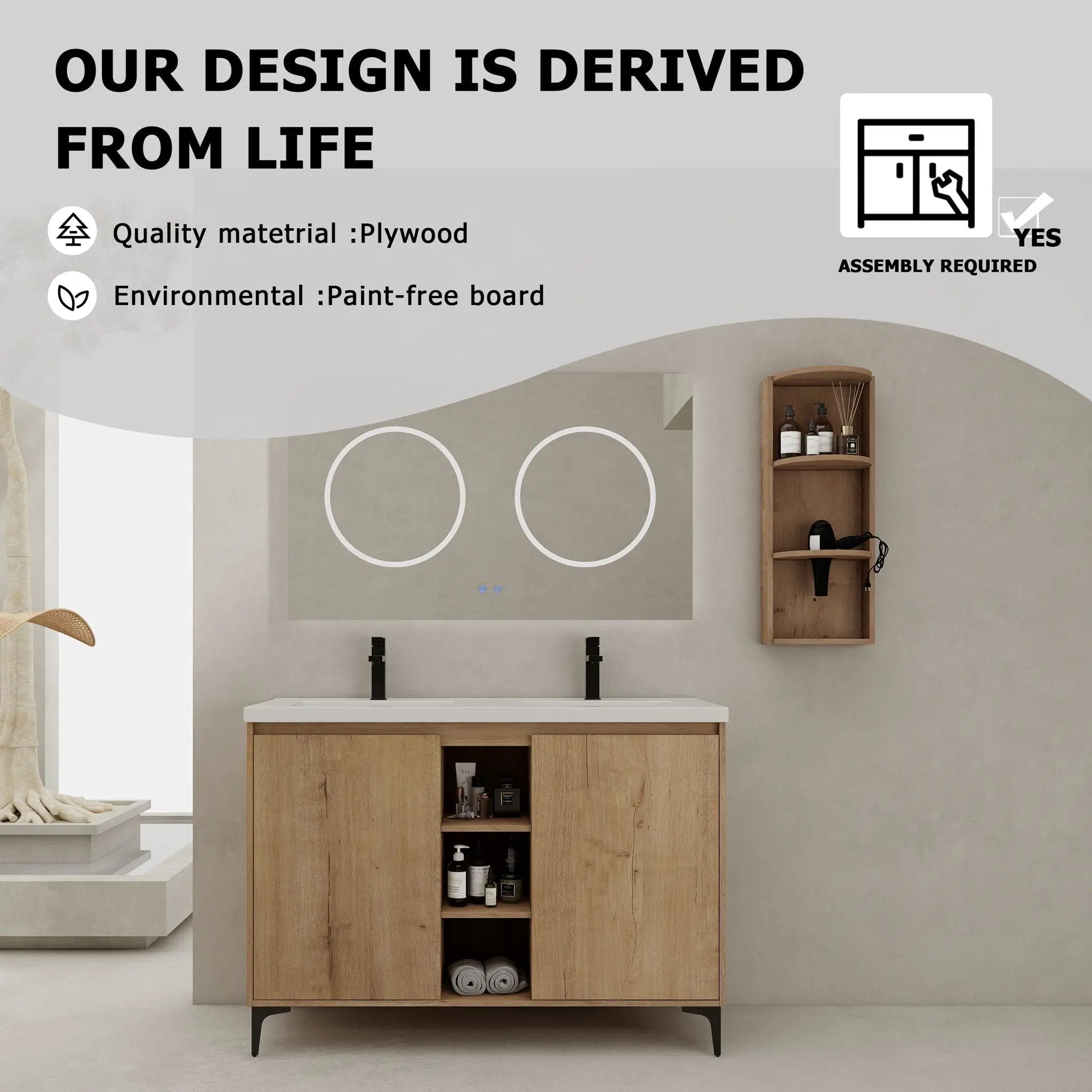 Elegant 48" Freestanding Bathroom Vanity With Double Resin Sink And Storage Rack Soft Close Doors - Imitative Oak by Unique Piece Furniture