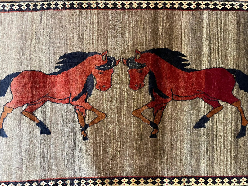 4 X 7 Handmade Hand-Knotted Quality Wool Rug Pictorial Horses Veggie Dyes Tribal by Jewel Rugs