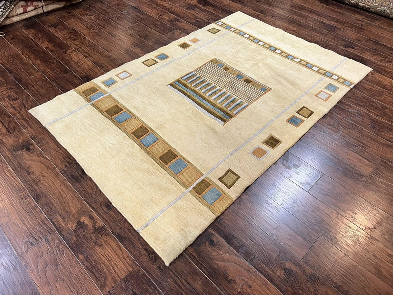 Tibetan Rug 5x8, Contemporary Rug 5 x 8 ft, Cream Brown Blue Hand-Knotted Wool w/ Silk Highlights Tibetan Carpet, Modern Rug by Jewel Rugs