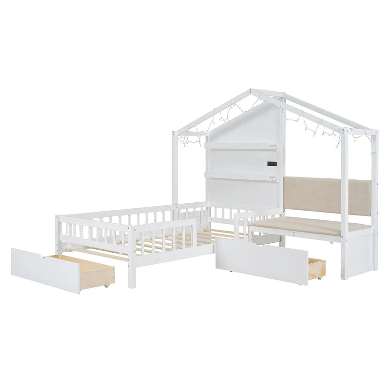 House Bed With Upholstered Sofa, Wireless Charging Station, Shelves And 2 Drawers by HouseOfZazla