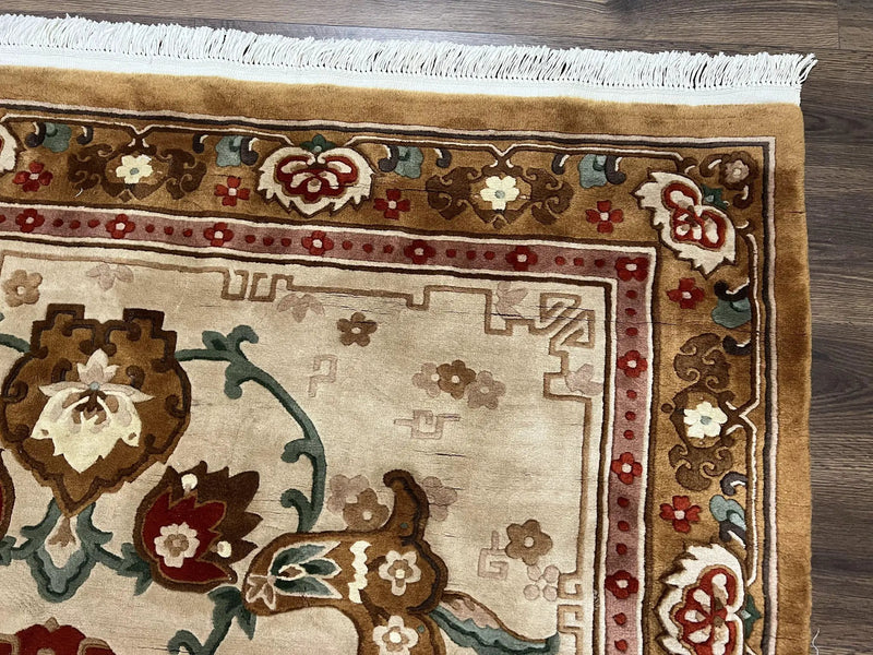 Chinese Wool Rug 5.9 x 9, Tan and Brown Asian Art Deco Carpet, Vintage 1960s Oriental Rug, Hand-Knotted Rug, Soft Wool, Medallion, Pair B by Jewel Rugs