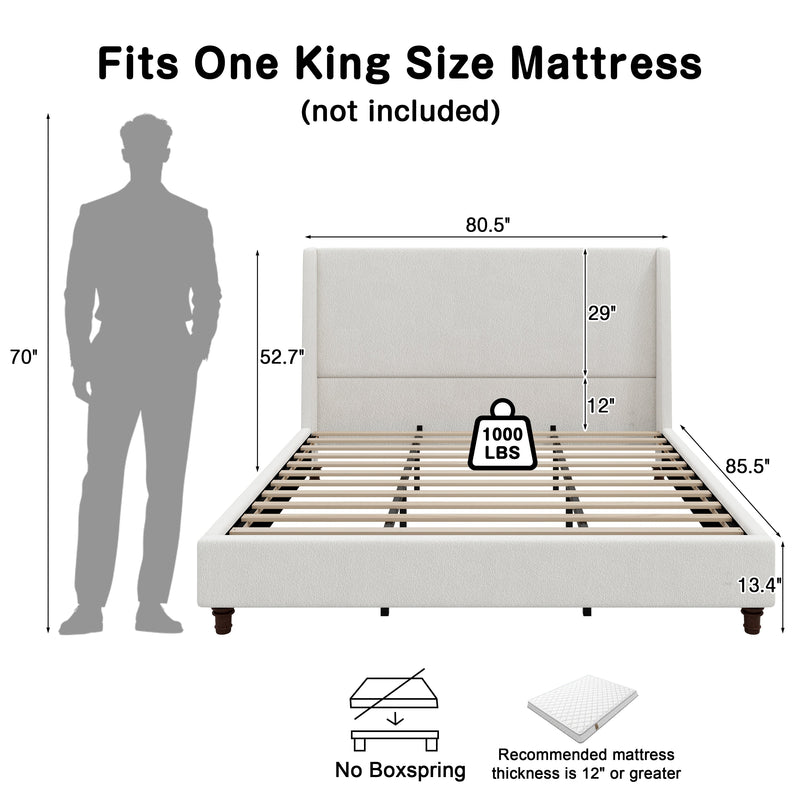 52.7" Tall Wingback Upholstered King Size Platform Bed Frame by HouseOfZazla