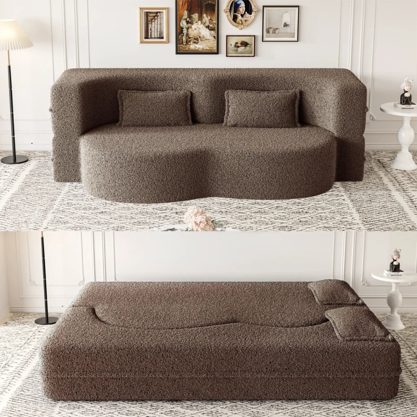 Modern Floor Sofa With Two Pillows Convertible Teddy Fabric Foam Filled Bed by HouseOfZazla
