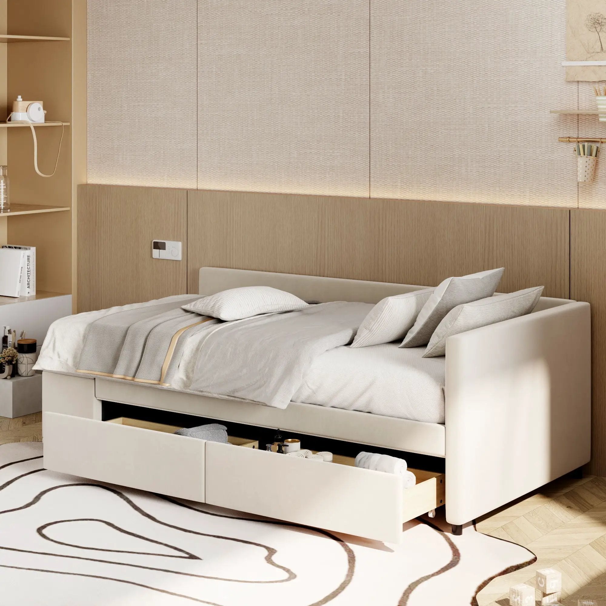 L Shaped Upholstered Platform Bed With Storage And Drawers by HouseOfZazla