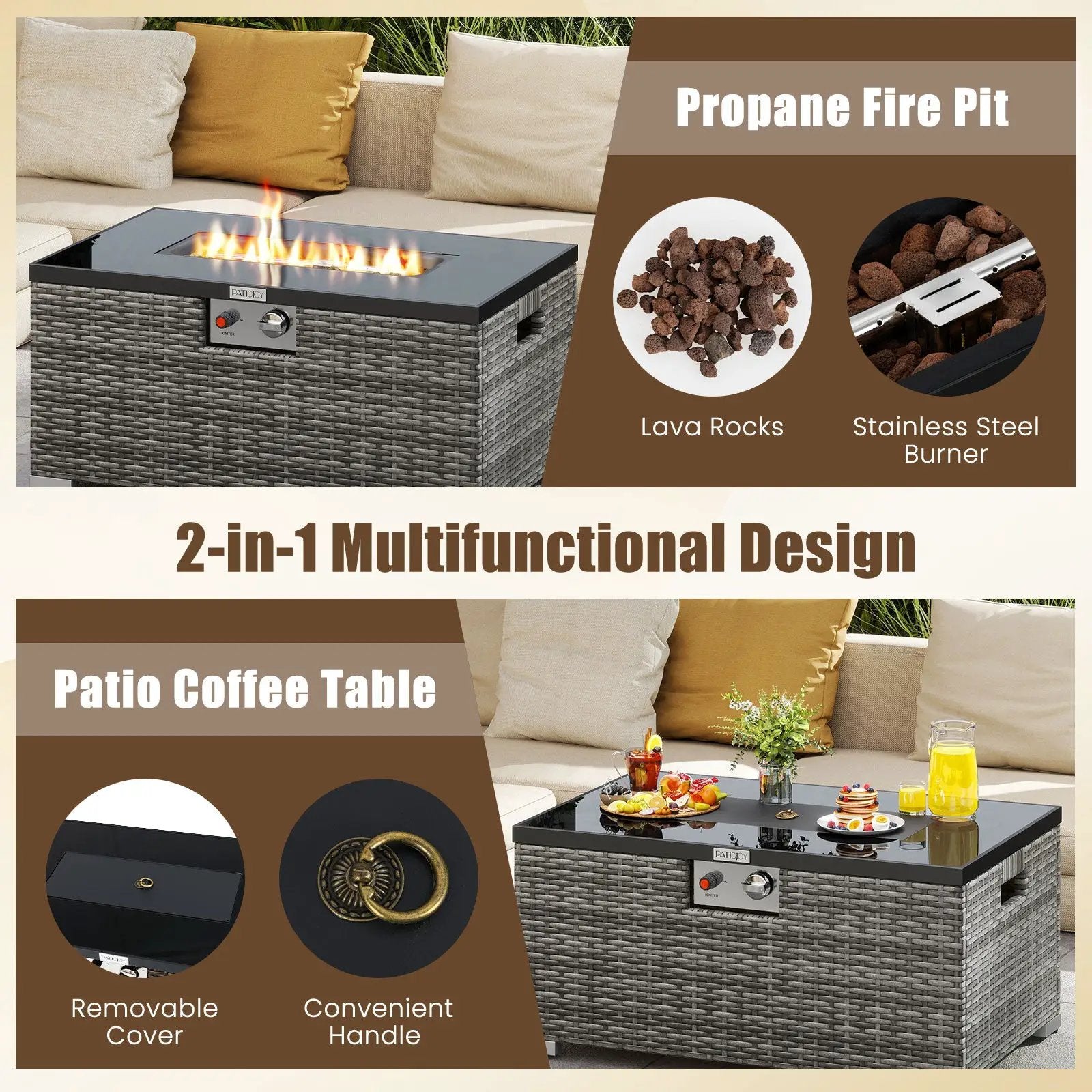 2-Piece Outdoor Rattan Fire Table Set 32 Inch Rectangle Gas Firepit with Tank Cover by DirectDeals