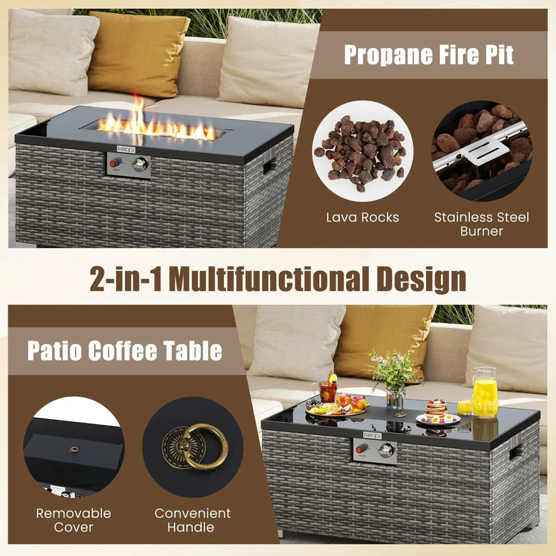 2-Piece Outdoor Rattan Fire Table Set 32 Inch Rectangle Gas Firepit with Tank Cover by DirectDeals