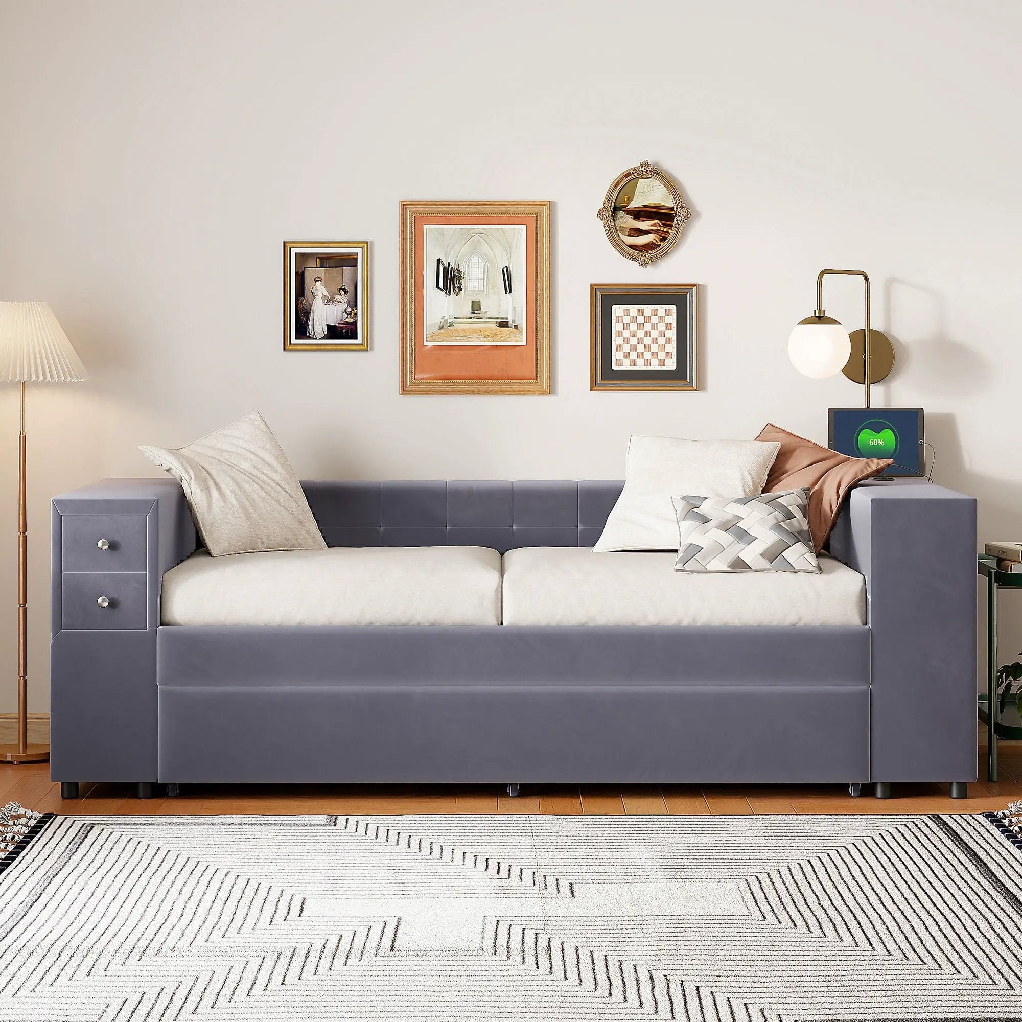 Upholstered Bed With Storage And Twin Trundle, USB Charging Ports by Unique Piece Furniture