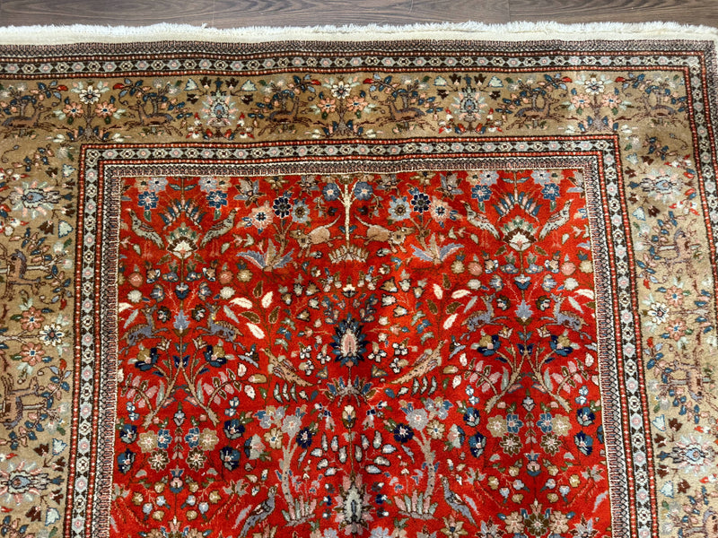 Persian Tabriz Rug 6x10, Burnt Orange and Tan, Animal Pictorials, Deer, Floral, Taba Tabae Carpet by Jewel Rugs