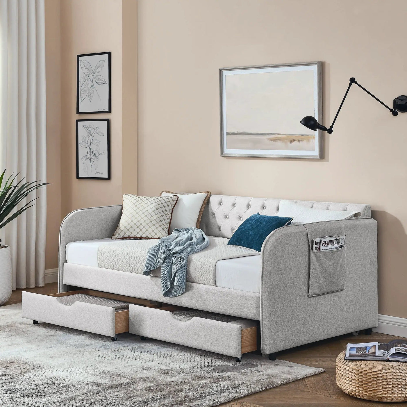 Daybed With Trundle And Storage Drawers, Flat Arms With Pocket by Unique Piece Furniture