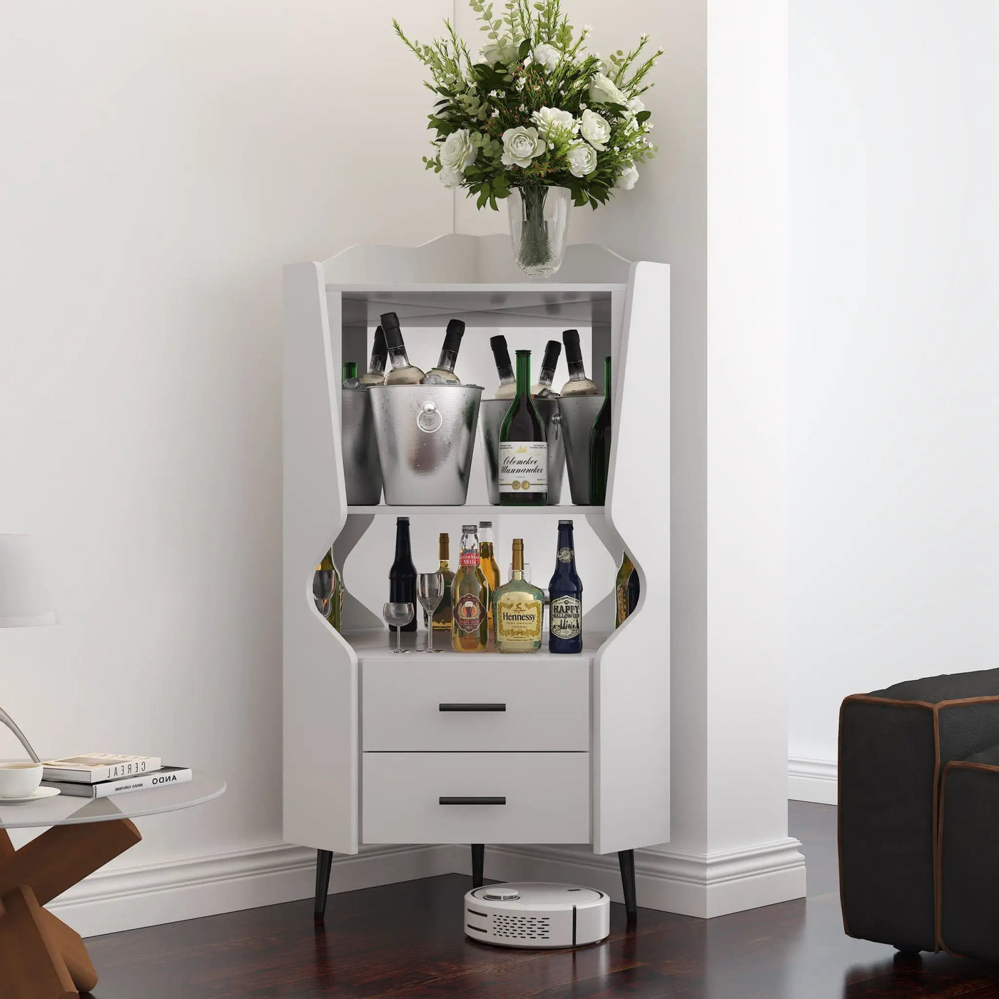 Corner Bar Cabinet With Mirrored Back, 2 Open Shelves & 2 Drawers by HouseOfZazla