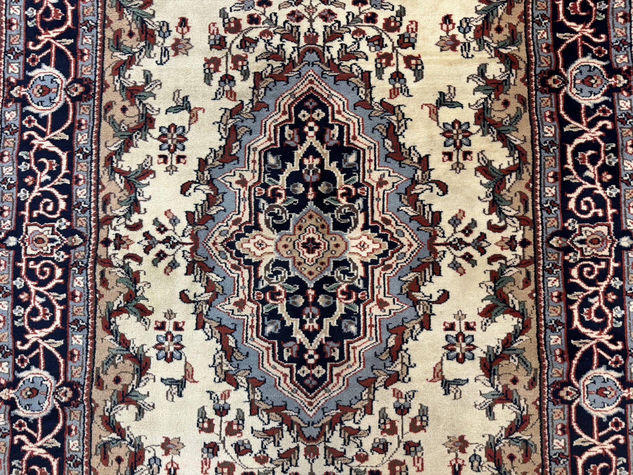 Indian Kashmiri Rug 4x6, Ivory Beige Navy Blue, Traditional Indo Persian Rug by Jewel Rugs