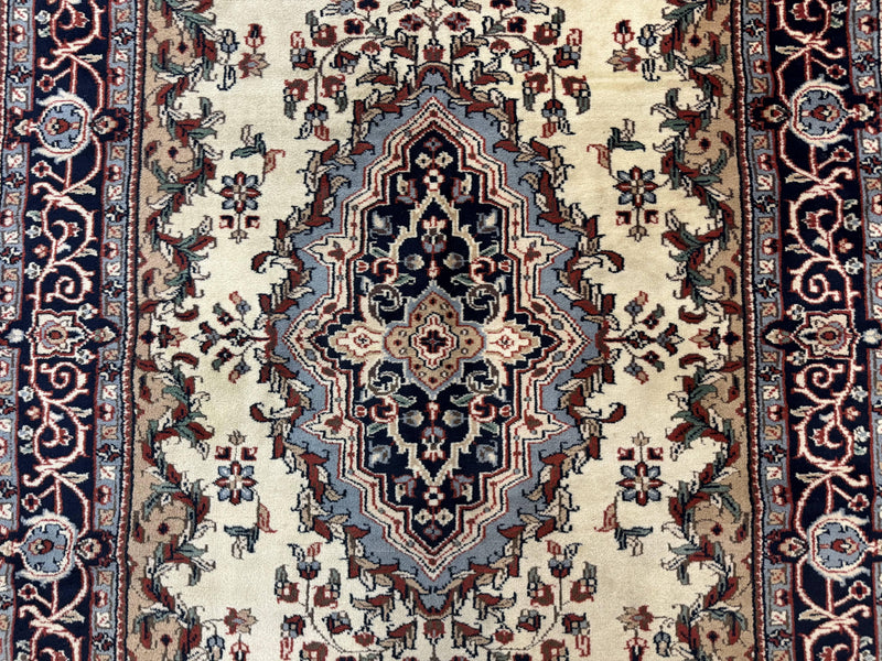 Indian Kashmiri Rug 4x6, Ivory Beige Navy Blue, Traditional Indo Persian Rug by Jewel Rugs