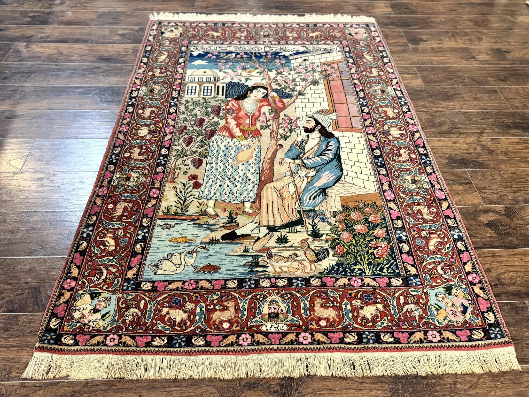 Wonderful Persian Kashan Pictorial Rug 4.7 x 6.5, Persian Rug for Wall Hanging, Handmade Antique Wool Carpet Animal Motifs Poetry Lovers, 240 KPSI by Jewel Rugs