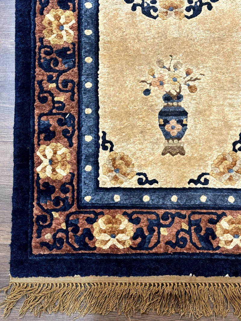 Silk Chinese Rug 2x4, Peking Carpet, Golden-Beige and Blue, Hand Knotted, Simple Design by Jewel Rugs
