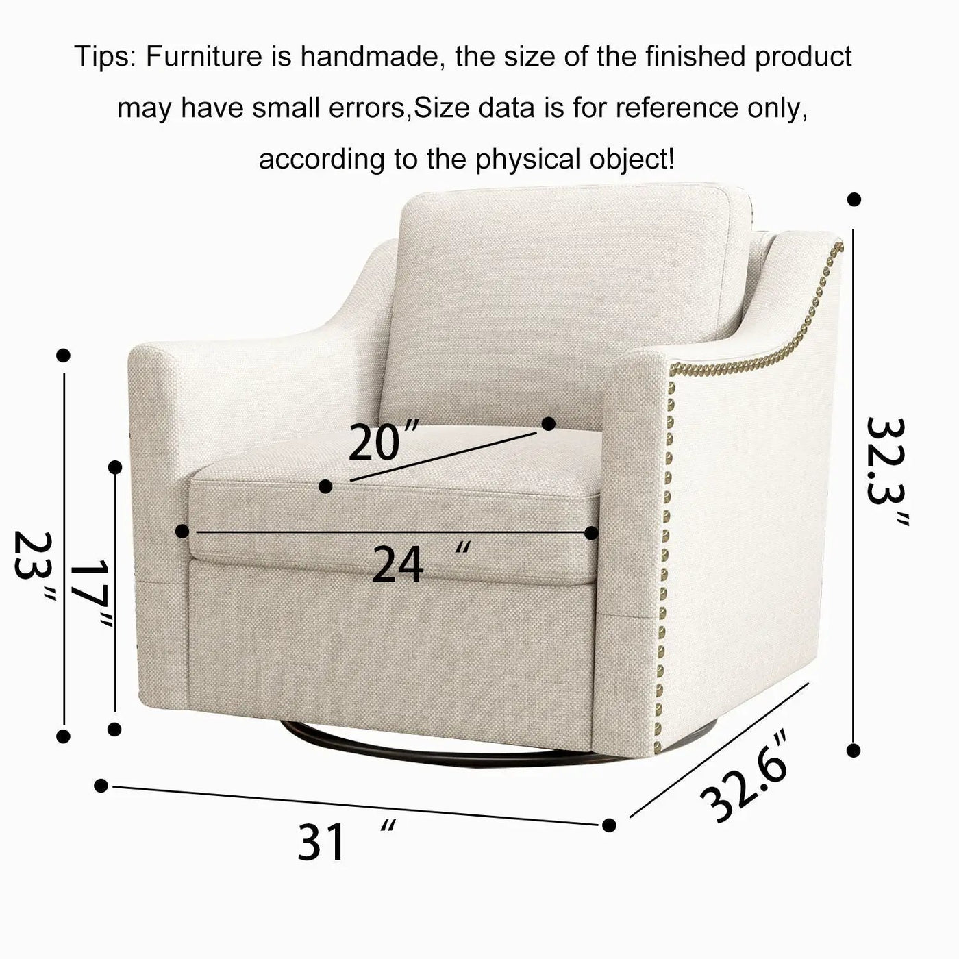 360 Degree Swivel Armchair, Skin Friendly Fabric, Ergonomic Design, Brass Nail Decorative Armchair by HouseOfZazla