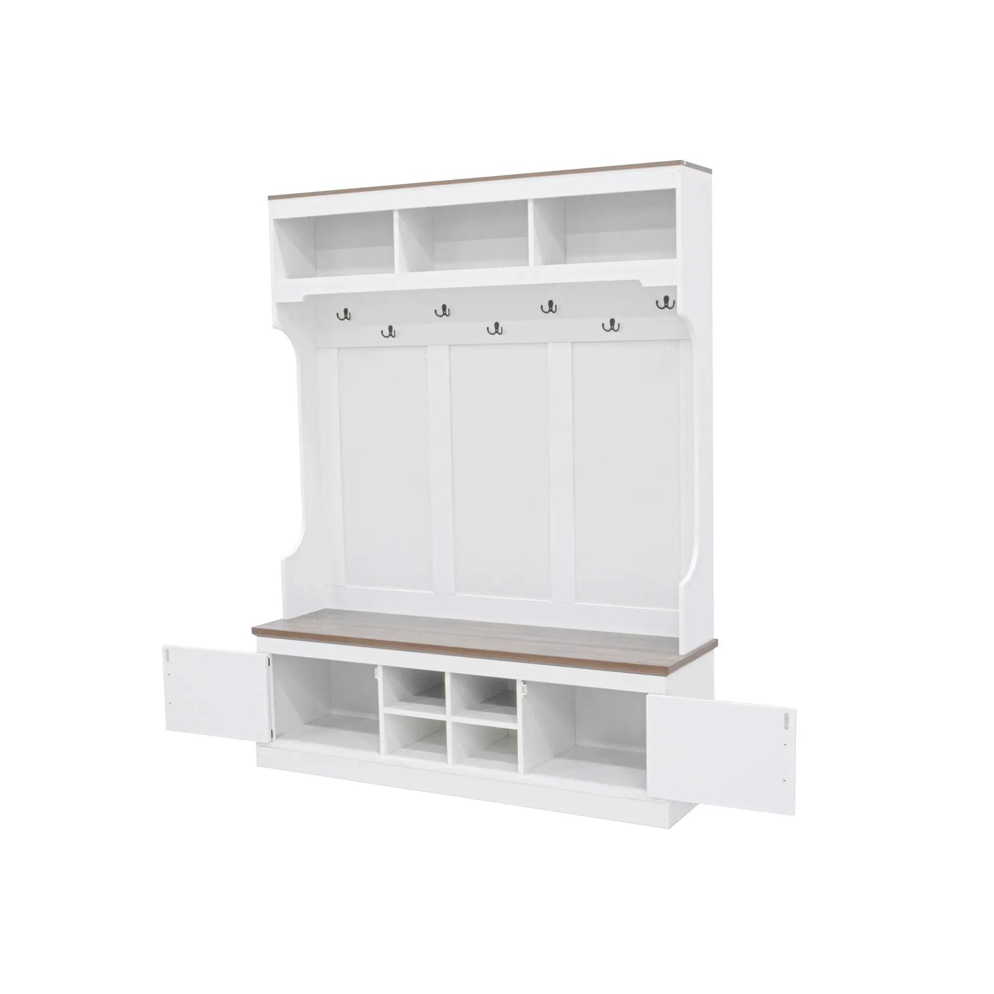 Hall Tree With Bench And Shoe Storage, 5 In 1 Entryway Organizer Cabinet With Coat Rack, 4 Shoe Cubbies & 7 Hooks - White by Unique Piece Furniture