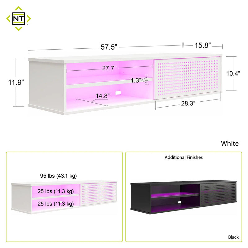 Glitch Floating TV Stand For TVs Up To 60" With RGB Lighting And Sliding Door - White by HouseOfZazla