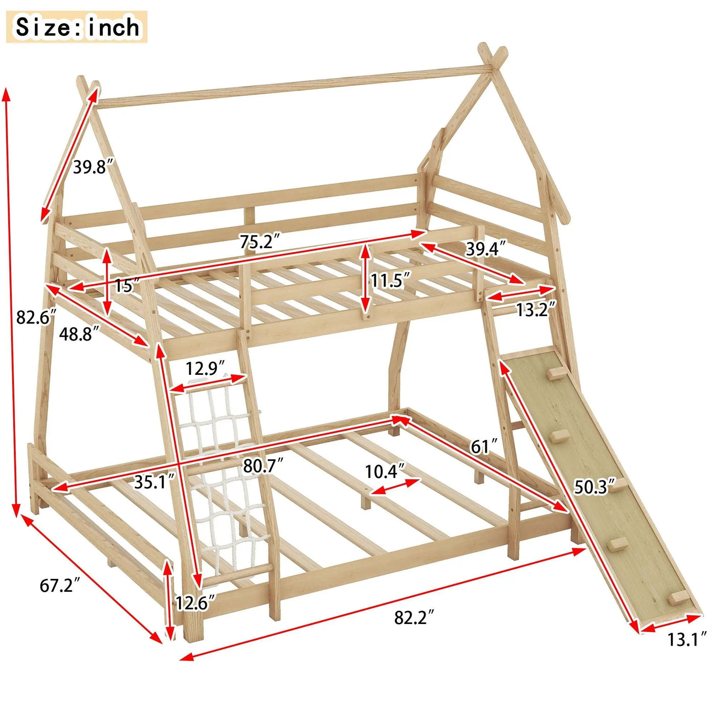 Twin Over Queen House Bunk Bed With Climbing Nets And Climbing Ramp by HouseOfZazla