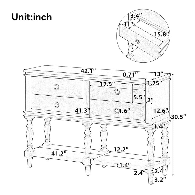 Console Table With 4 Soft Close Drawers, Thick Bottom Shelf For Living Room - Natural by HouseOfZazla