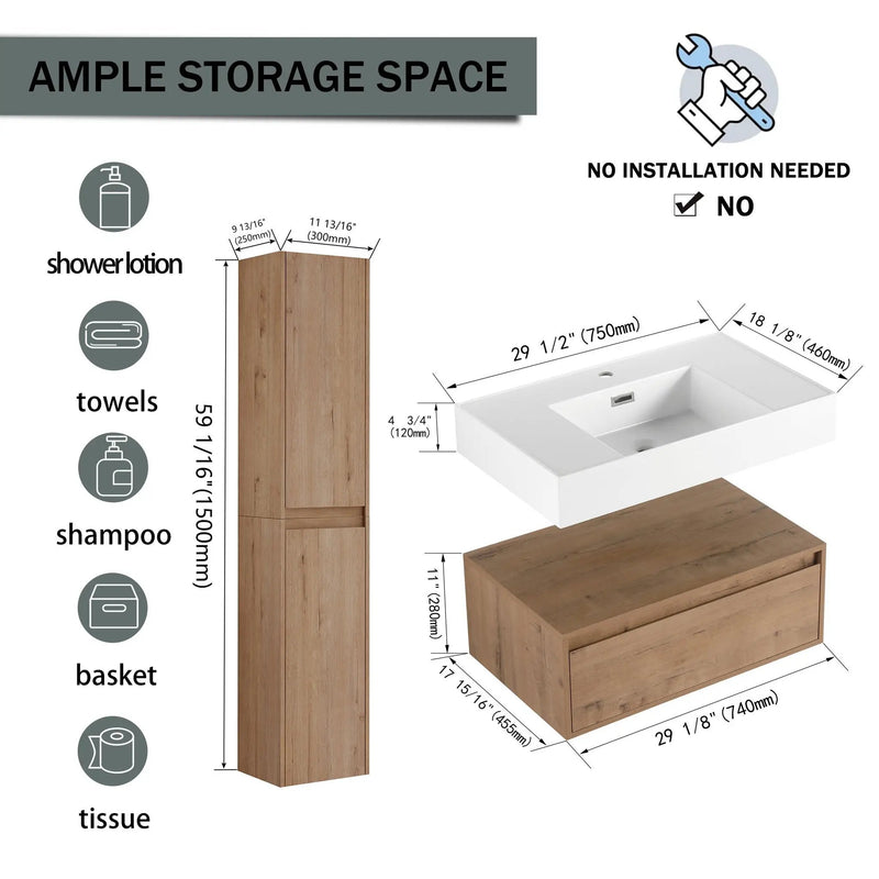 Modern Wall Mounted 30 Inch Bathroom Vanity With Resin Sink And 2 Side Cabinet In Imitative - Imitative Oak by Unique Piece Furniture