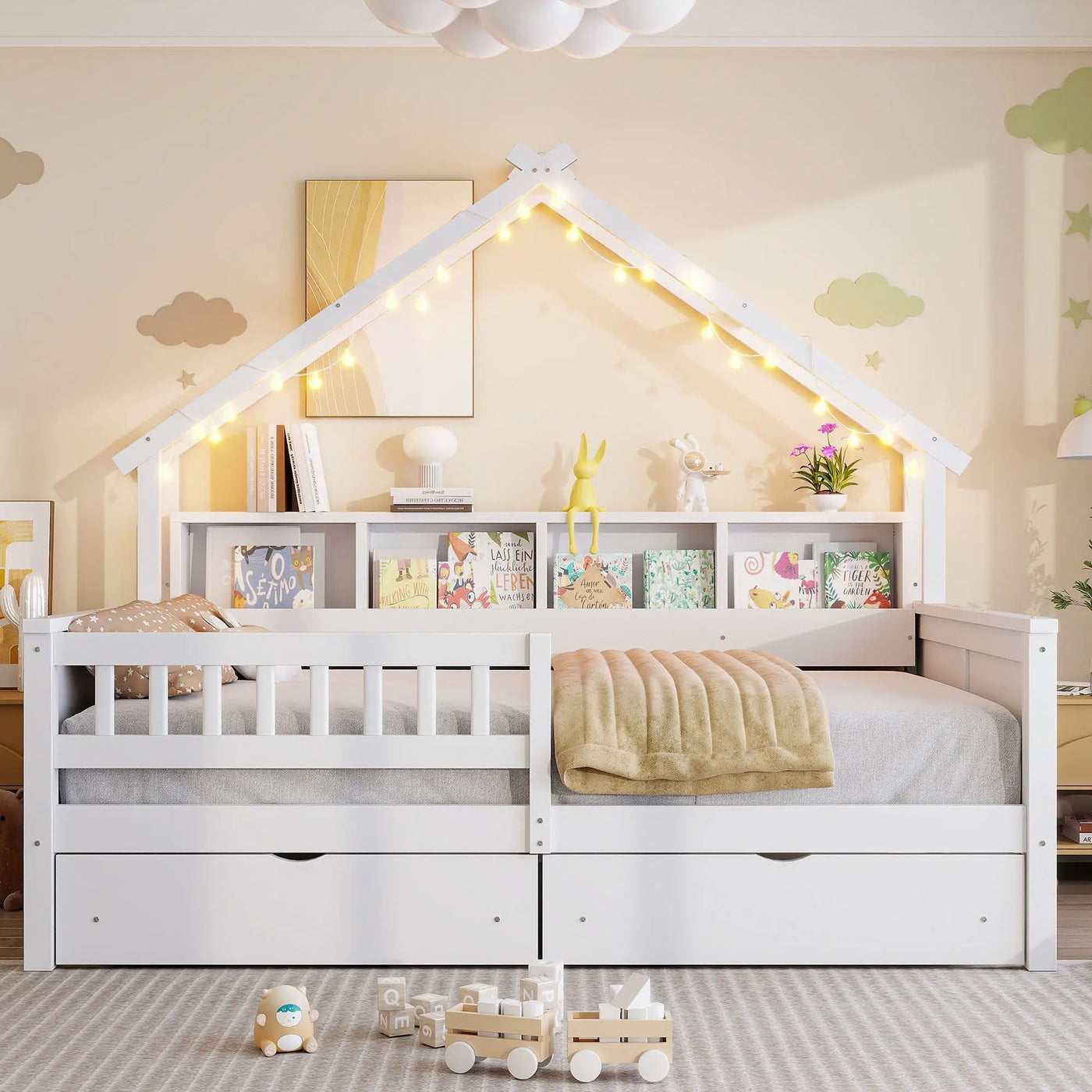 House Style Platform Bed With LED Lights, Storage Shelves, Drawers, And Guardrail by HouseOfZazla