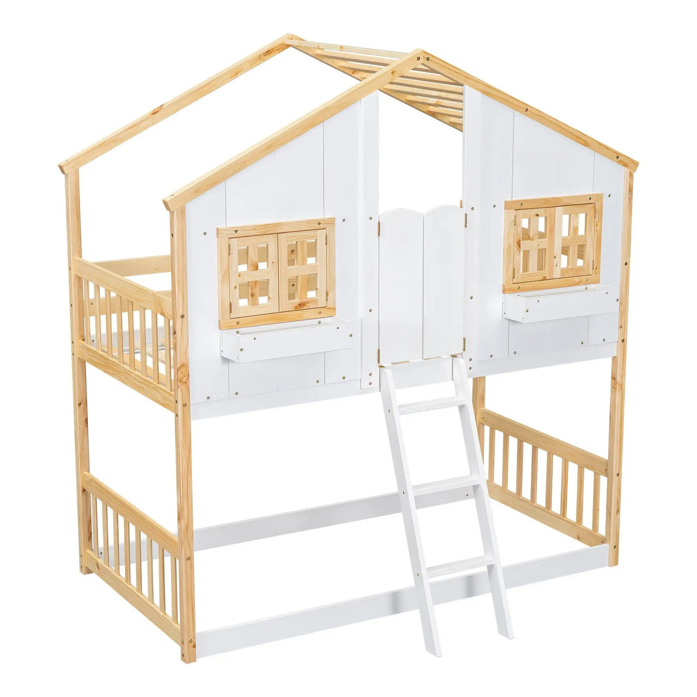House Bunk Bed With Roof, Window, Window Box, Door, With Safety Guardrails And Ladder by HouseOfZazla