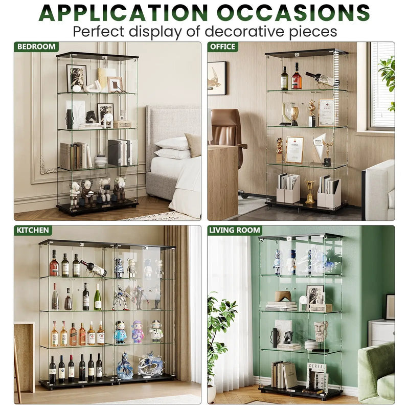 Modern Glass Display Cabinet With 4 Shelf Double Doors And Lock, Tempered Glass Bookshelf For Living Room - Black by Unique Piece Furniture