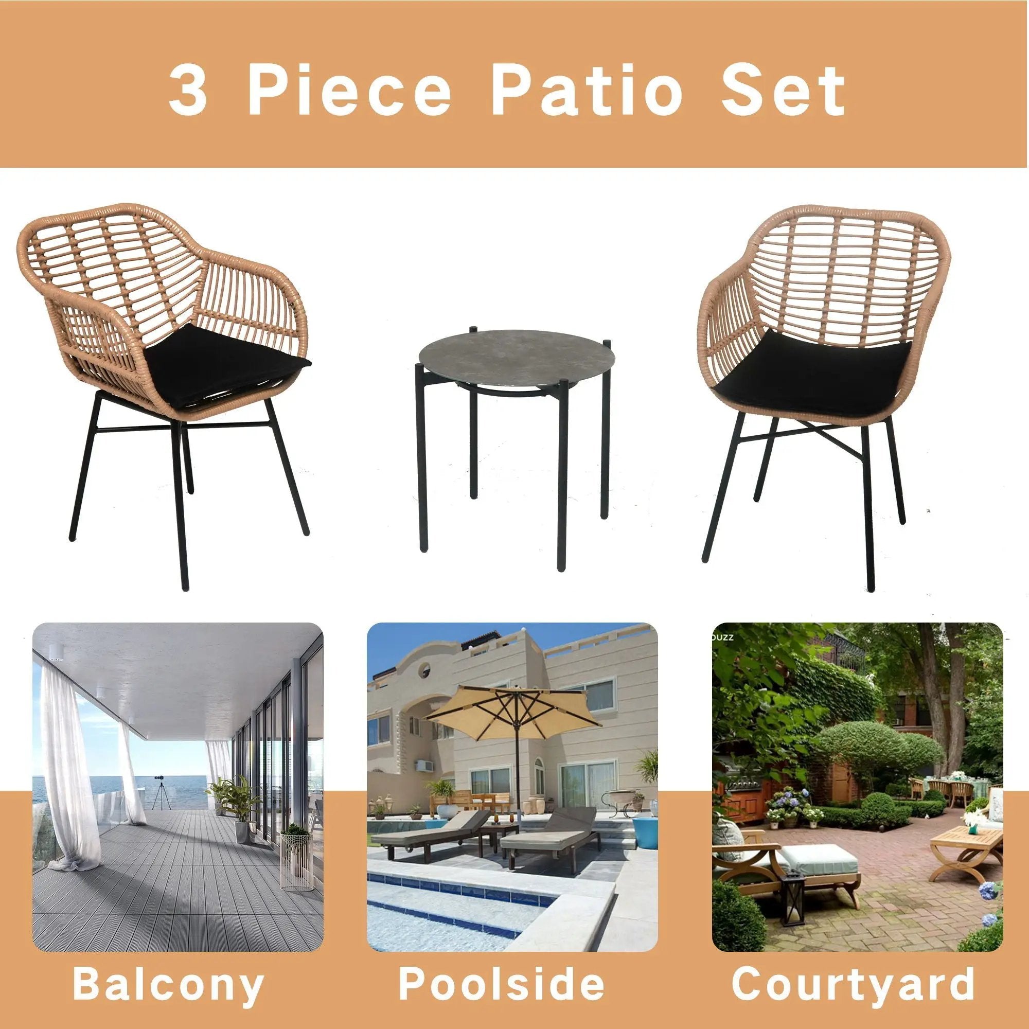 3 Pieces Of Luxury Outdoor Wicker Furniture, Patio Bistro Style Table And Chair Combination, Weather Resistant PE Wicker Weave, Suitable For Garden - Black / Natural by HouseOfZazla