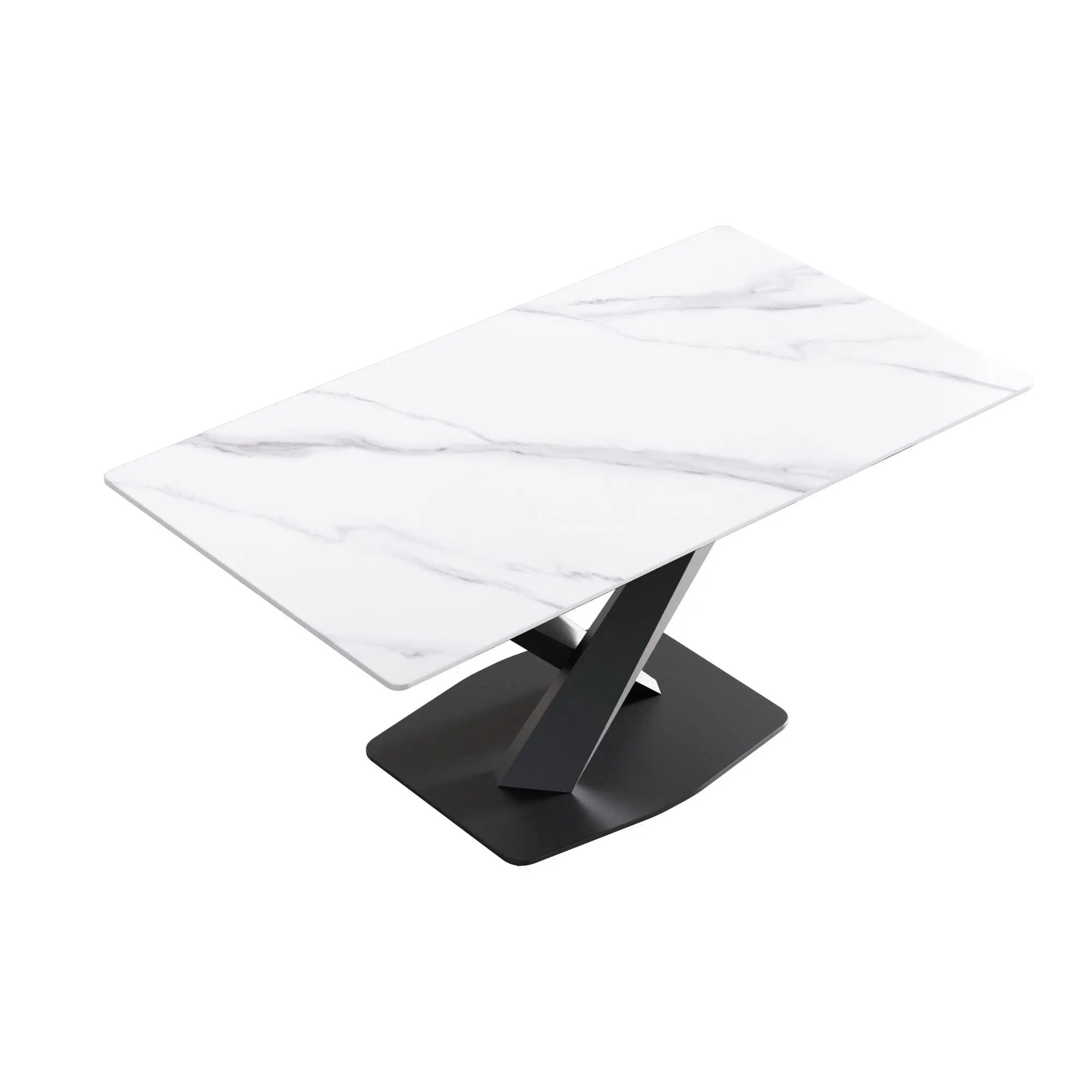 63" Modern Artificial Stone Straight Edge Metal X-Leg Dining Table, 6 People - White / Black by HouseOfZazla