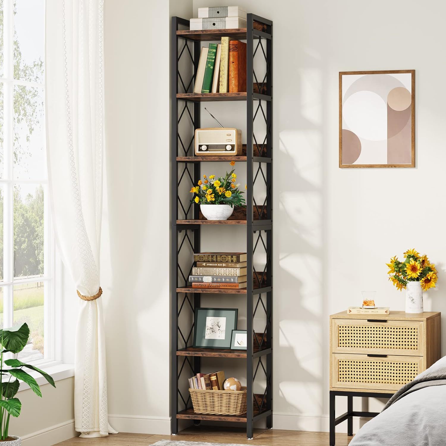 Extra Tall 7 Tier Narrow Corner Bookshelf Storage Display Rack For Living Room - Rustic Brown by HouseOfZazla