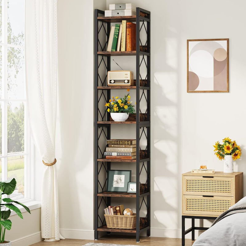 Extra Tall 7 Tier Narrow Corner Bookshelf Storage Display Rack For Living Room - Rustic Brown by HouseOfZazla