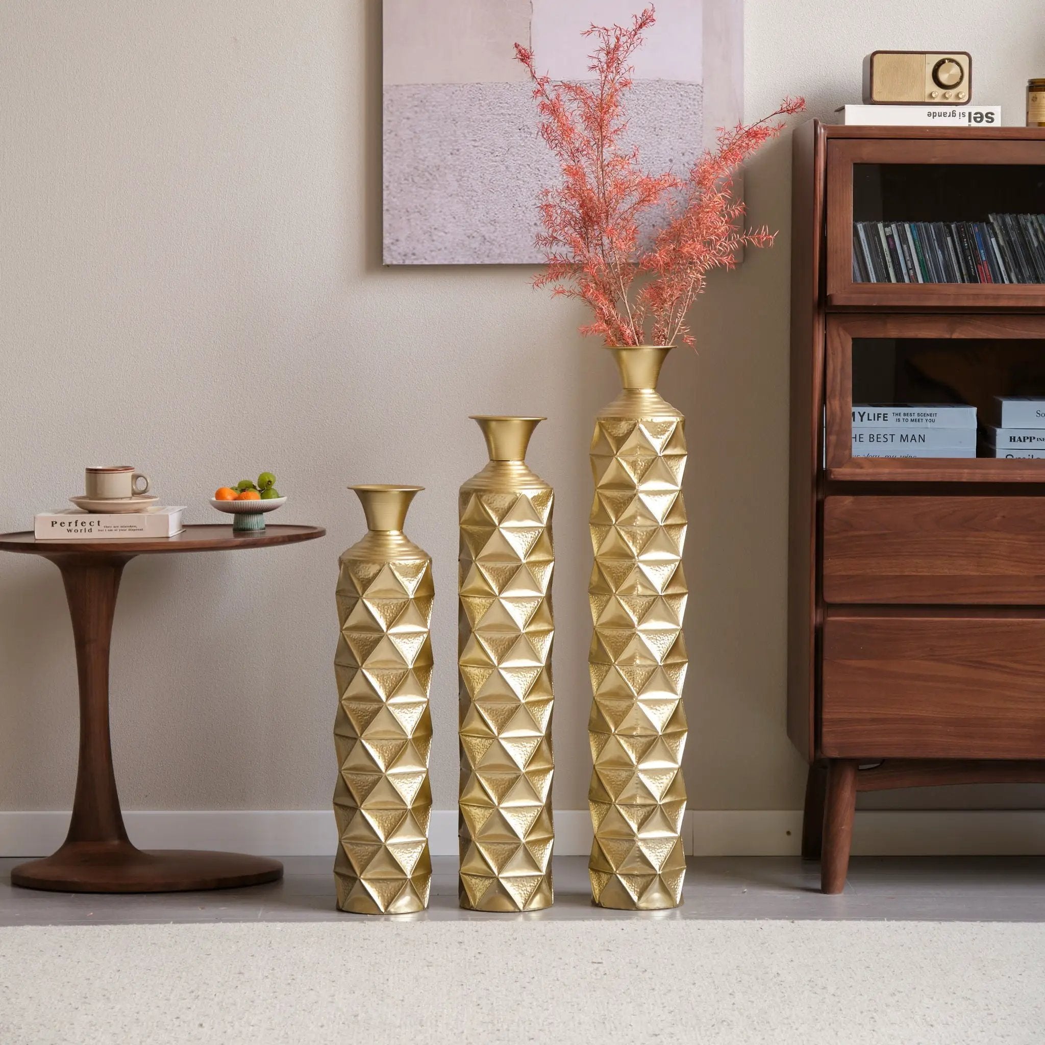 Metal Decorative Vase High Distress Metal Center Vase With 3D Triangle Pattern, (Set of 3) Vases For Home Decoration - Gold by HouseOfZazla