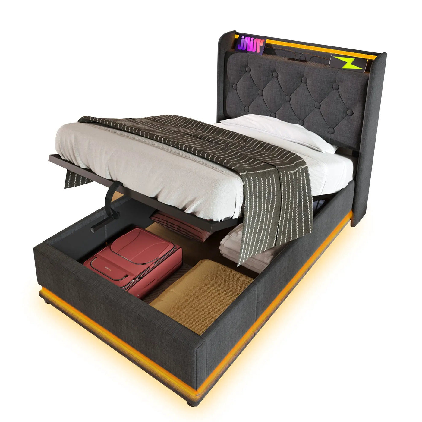 Upholstered Bed, 360 Surround LED Function, Remote Control, Hydraulic Storage Bed With USB, Type-C Charging (Without Mattress) by Unique Piece Furniture