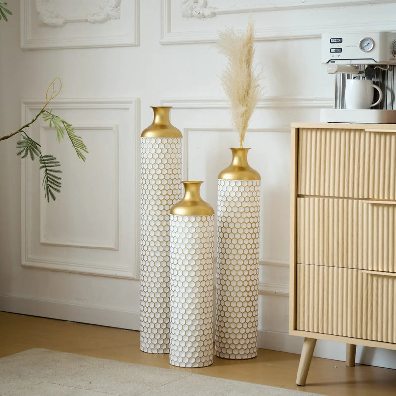 3-Piece Modern Metal Vase Set - White & Gold by HouseOfZazla