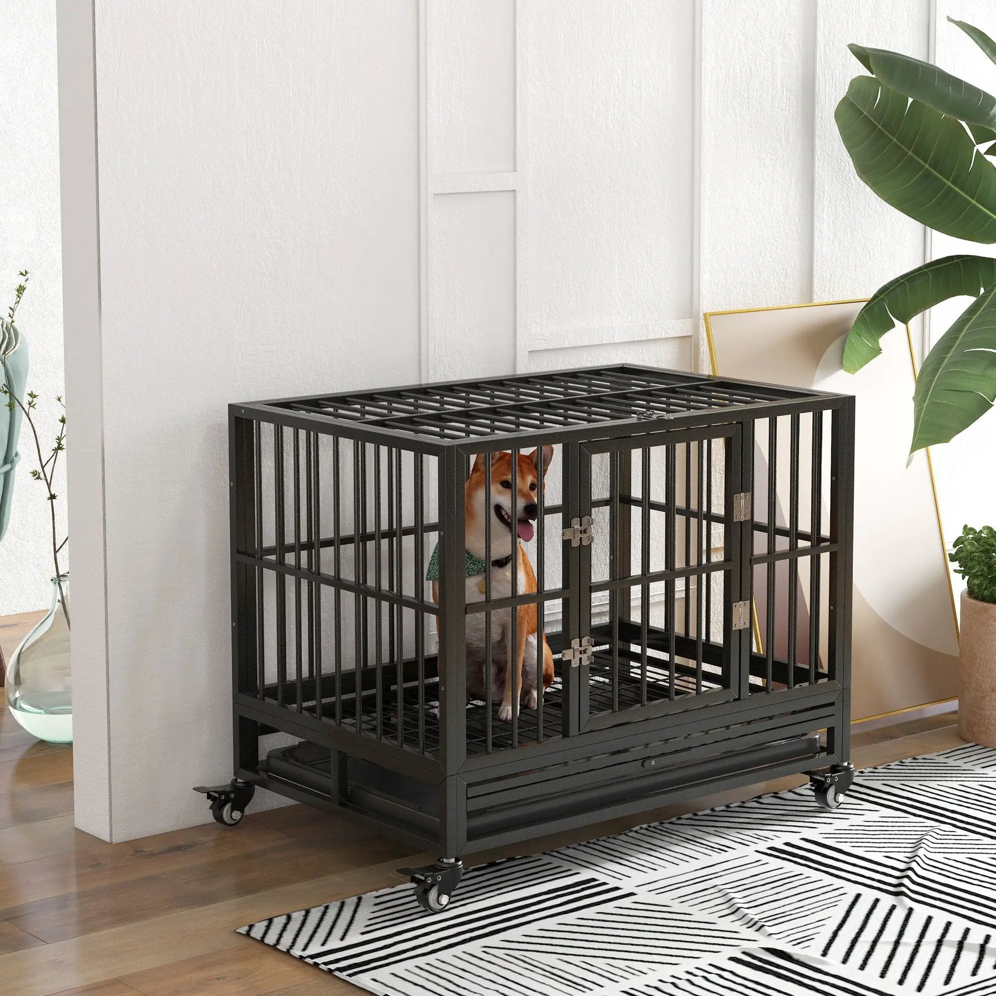 Pawhut - 36" Heavy Duty Dog Crate Metal Cage Kennel With Lockable Wheels, Double Door And Removable Tray - Gray by HouseOfZazla